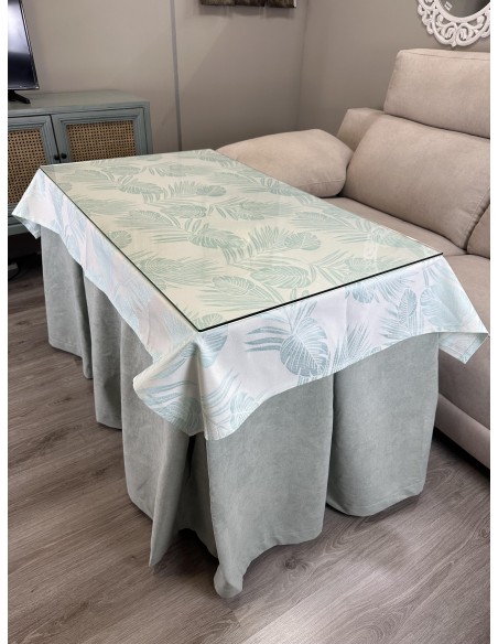Ropa de Mesa Camilla Antimanchas Aterciopelada Triple Grueso Reforzada 10 pliegues Kumar Agua con Tapete Palmeras Verdes