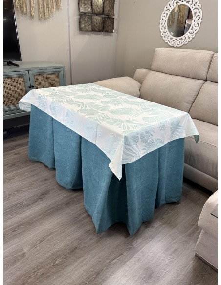 Ropa de Mesa Camilla Antimanchas Aterciopelada Triple Grueso Reforzada 10 pliegues Kumar Verde con Tapete Palmeras Azul