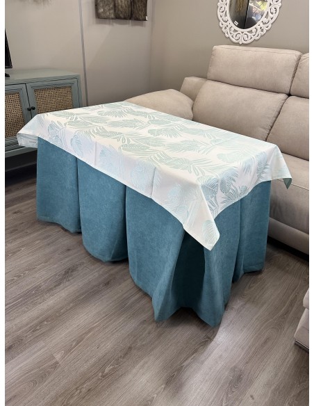 Ropa de Mesa Camilla Antimanchas Aterciopelada Triple Grueso Reforzada 10 pliegues Kumar Verde con Tapete Palmeras Azul