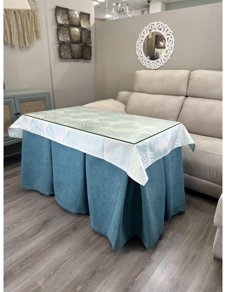 Ropa de Mesa Camilla Antimanchas Aterciopelada Triple Grueso Reforzada 10 pliegues Kumar Verde con Tapete Palmeras Azul