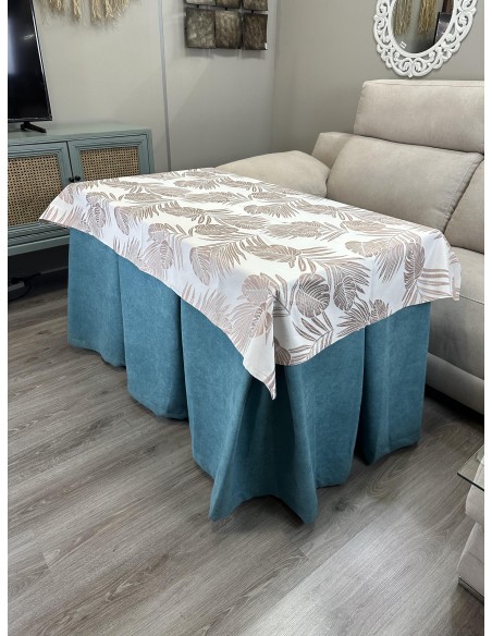 Ropa de Mesa Camilla Antimanchas Aterciopelada Triple Grueso Reforzada 10 pliegues Kumar Verde con Tapete Palmeras Rosa