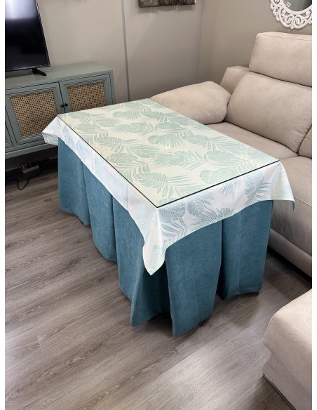 Ropa de Mesa Camilla Antimanchas Aterciopelada Triple Grueso Reforzada 10 pliegues Kumar Verde con Tapete Palmeras Azul