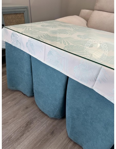 Ropa de Mesa Camilla Antimanchas Aterciopelada Triple Grueso Reforzada 10 pliegues Kumar Verde con Tapete Palmeras Azul
