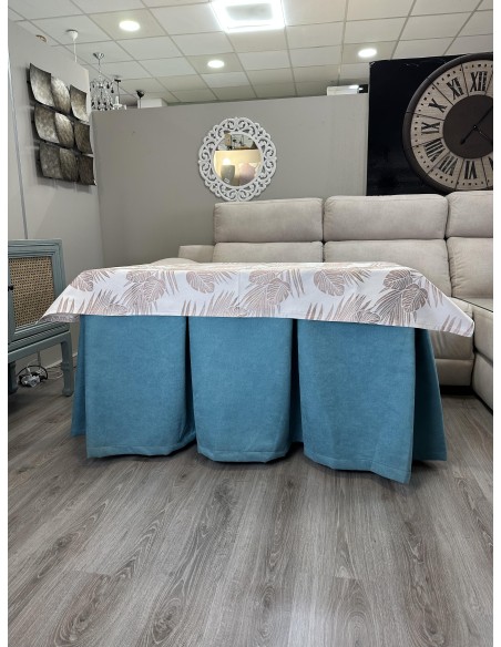 Ropa de Mesa Camilla Antimanchas Aterciopelada Triple Grueso Reforzada 10 pliegues Kumar Verde con Tapete Palmeras Rosa