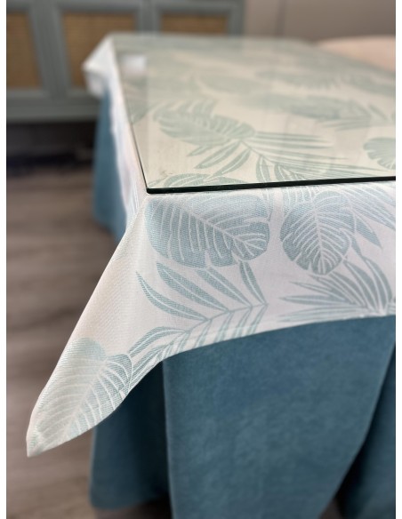 Ropa de Mesa Camilla Antimanchas Aterciopelada Triple Grueso Reforzada 10 pliegues Kumar Verde con Tapete Palmeras Azul