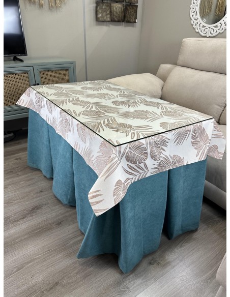 Ropa de Mesa Camilla Antimanchas Aterciopelada Triple Grueso Reforzada 10 pliegues Kumar Verde con Tapete Palmeras Rosa