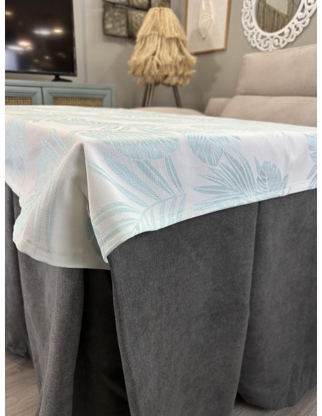 Ropa de Mesa Camilla Antimanchas Aterciopelada Triple Grueso Reforzada 10 pliegues Marrón con Tapete Palmeras Azul