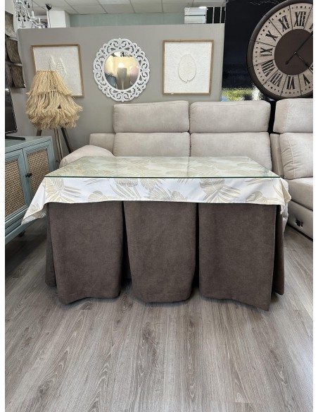 Ropa de Mesa Camilla Antimanchas Aterciopelada Triple Grueso Reforzada 10 pliegues Marrón con Tapete Palmeras Beige