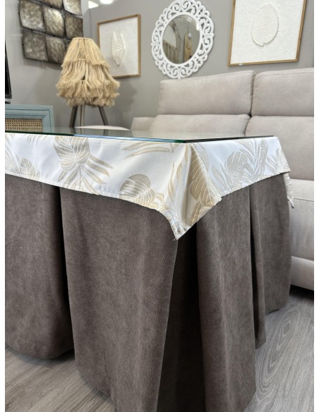 Ropa de Mesa Camilla Antimanchas Aterciopelada Triple Grueso Reforzada 10 pliegues Marrón con Tapete Palmeras Beige
