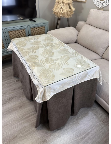 Ropa de Mesa Camilla Antimanchas Aterciopelada Triple Grueso Reforzada 10 pliegues Marrón con Tapete Palmeras Beige
