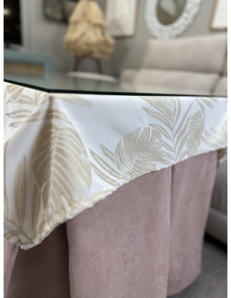Ropa de Mesa Camilla Antimanchas Aterciopelada Triple Grueso Reforzada 10 pliegues Rosa con Tapete Palmeras Beige