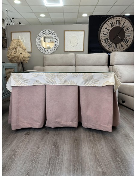 Ropa de Mesa Camilla Antimanchas Aterciopelada Triple Grueso Reforzada 10 pliegues Rosa con Tapete Palmeras Beige