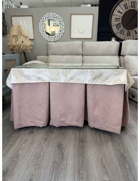 Ropa de Mesa Camilla Antimanchas Aterciopelada Triple Grueso Reforzada 10 pliegues Rosa con Tapete Palmeras Beige