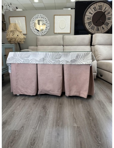 Ropa de Mesa Camilla Antimanchas Aterciopelada Triple Grueso Reforzada 10 pliegues Rosa con Tapete Palmeras Gris