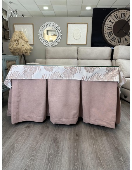 Ropa de Mesa Camilla Antimanchas Aterciopelada Triple Grueso Reforzada 10 pliegues Rosa con Tapete Palmeras Rosa
