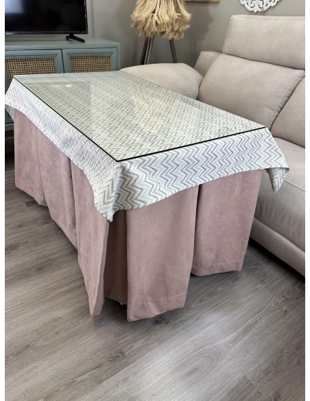 Ropa de Mesa Camilla Antimanchas Aterciopelada Triple Grueso Reforzada 10 pliegues Rosa con Tapete Palmeras Torino Beige
