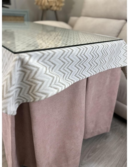 Ropa de Mesa Camilla Antimanchas Aterciopelada Triple Grueso Reforzada 10 pliegues Rosa con Tapete Palmeras Torino Beige