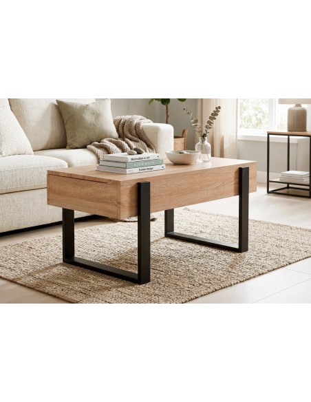 MESA CENTRO ELEVABLE 110 X 60 CM INDUSTRIAL OAK / NEGRO.