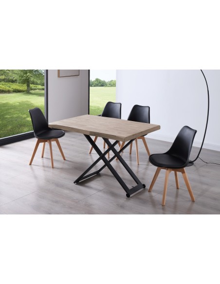 MESA CENTRO ELEVABLE ZOE 120 x 80 CM ROBLE HONEY / NEGRO TAPA CON FORMA.