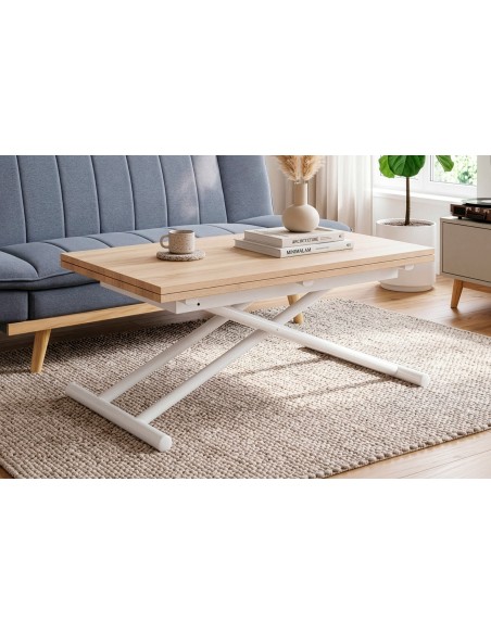 MESA CENTRO ELEVABLE Y EXTENSIBLE UP - DOWN BLANCO / ROBLE 100 x 50 CM