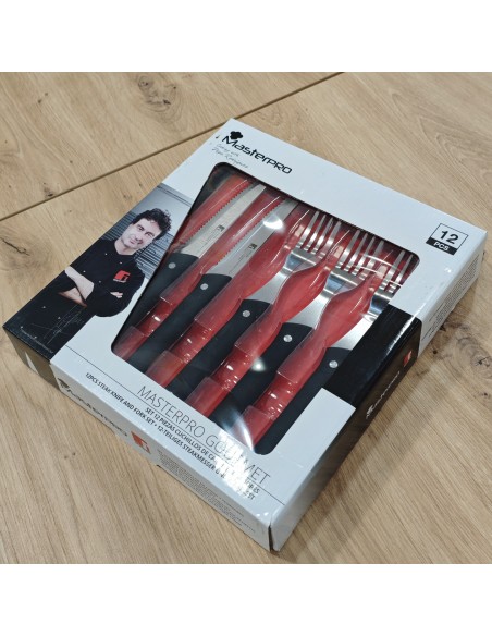 Set de 12 Piezas MasterPRO Gourmet – Cuchillos y Tenedores para Carne Rojo y Negro
