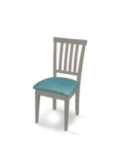 Silla de madera con respaldo de lineas verticales y asiento tapizado