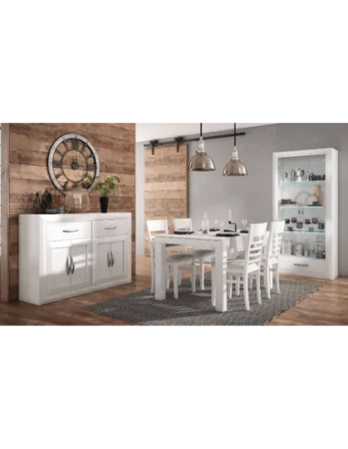 Salon comedor moderno laca blanco con vitrina y aparador