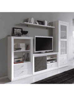 Composicion de salon modular madera lacada blanca con frente grafito efecto rayado