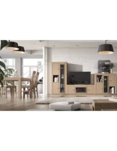 Composicion de salon completa con bodeguero y vitrina alta en madera