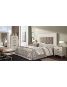 Composicion de dormitorio de matrimonio diseño romantico color blanco cabecero tapizado